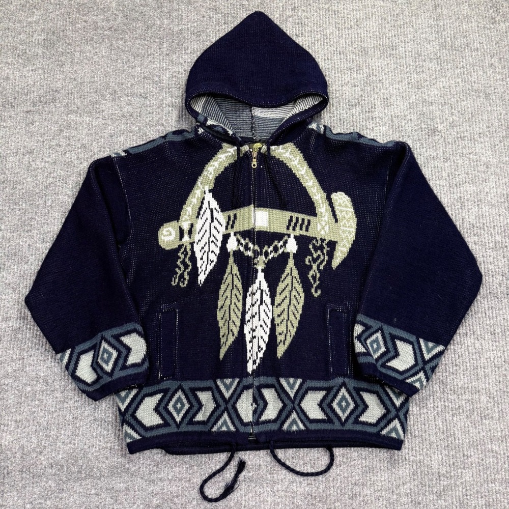 Tejidos Ruminahui Mens Navy Blue Dreamcatcher Knit Hooded Sweater Zip Medium